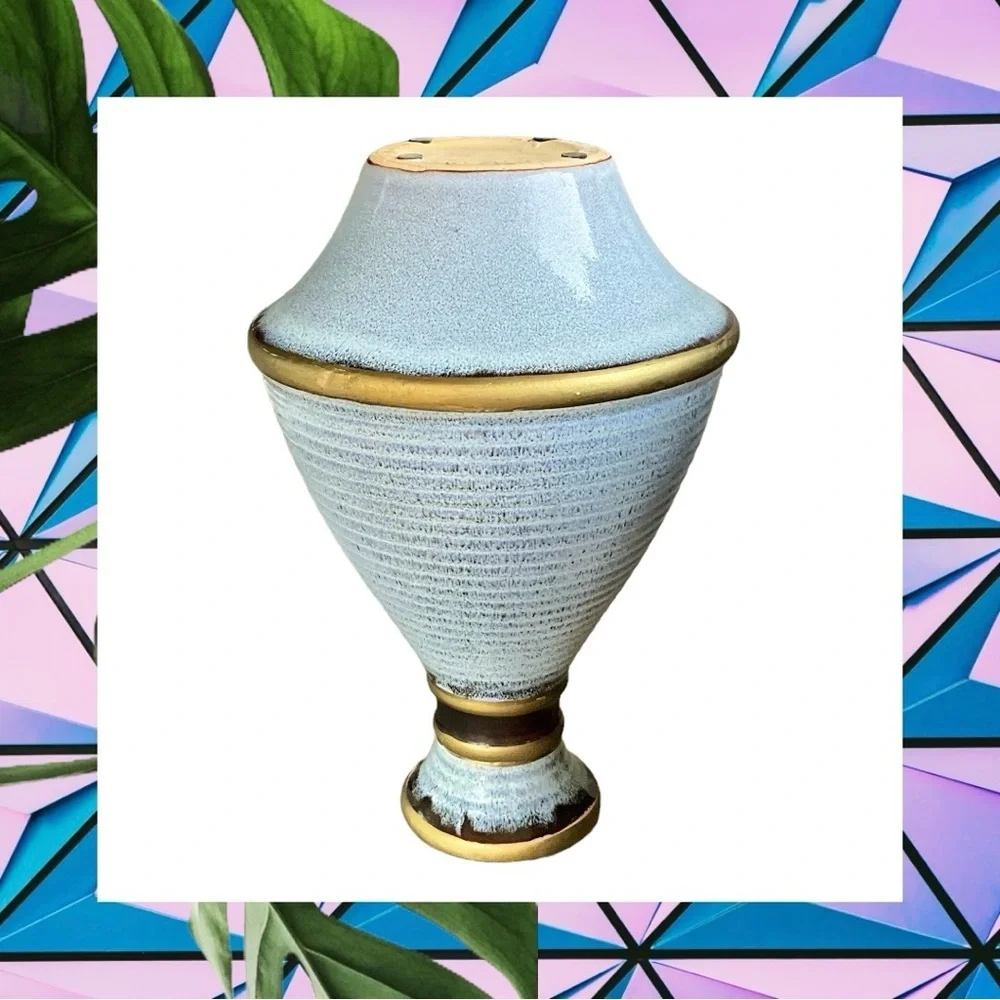 Gray Blue Speckled w Antique Gold Trim Beehive Swirl Stoneware Ceramic 12.75”